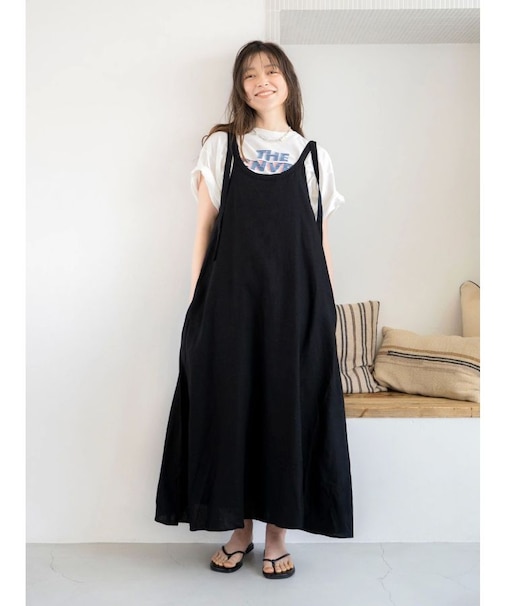 リネン混ショルダーデザインキャミワンピース