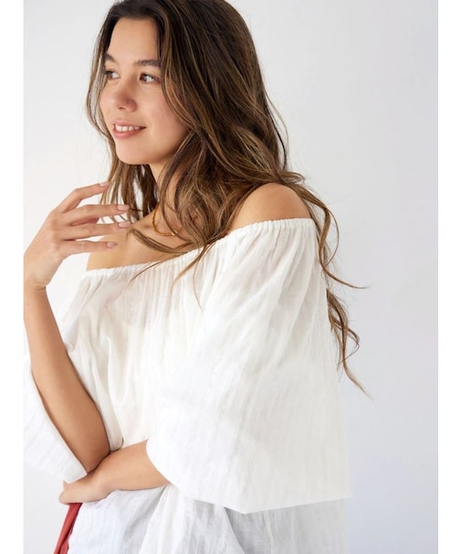 オフショルラメドビーハーフスリーブブラウス