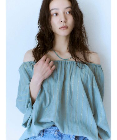 オフショルラメドビーハーフスリーブブラウス