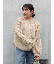 ワンショルフリンジケーブルショートニット