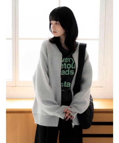 アンゴラ混ジップニットカーデ