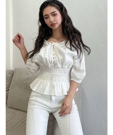 ウエストギャザー2WAYレースアップブラウス
