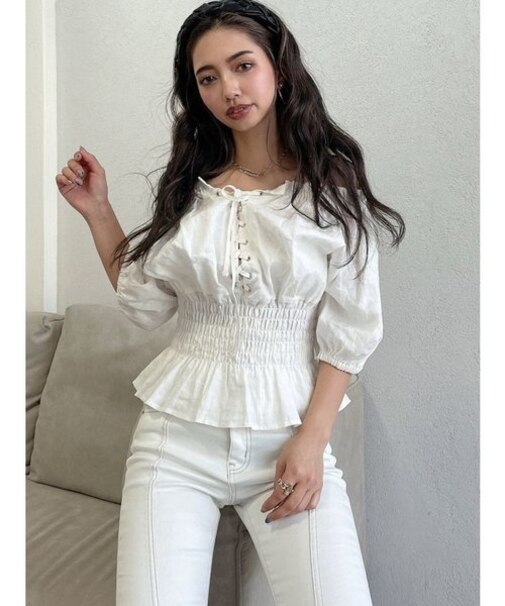 ウエストギャザー2WAYレースアップブラウス