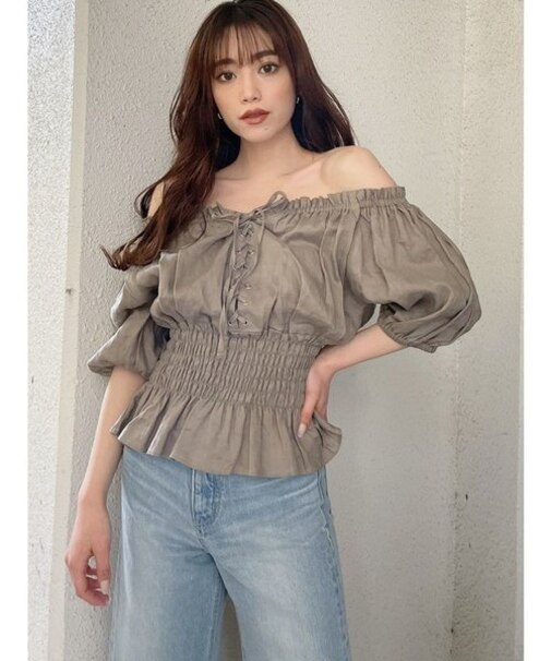 ウエストギャザー2WAYレースアップブラウス