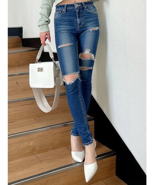 M/W MANY RIPPED スキニーデニムパンツ｜ジェイダの通販｜&mall