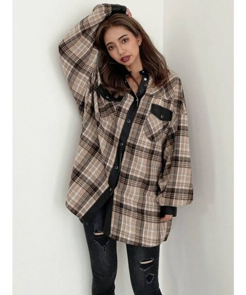 フェイクレザードッキングCHECKシャツ