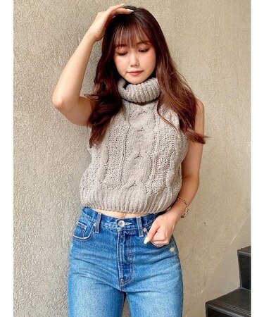 モールヤーンケーブル ノースリニットトップス