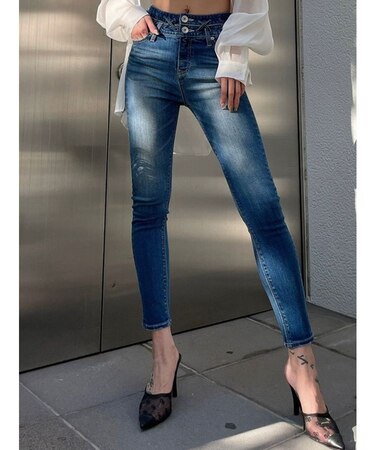 H/W ダブルウエスト レースアップデニムスキニーパンツ