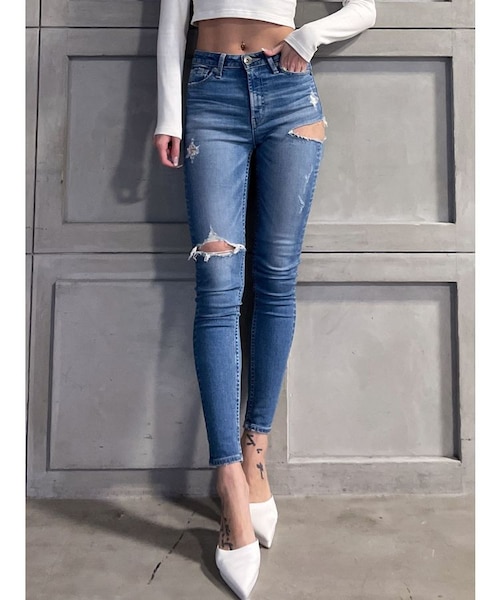 GYDA ミドルウエストSIDE RIPPEDスキニーデニムパンツ M/W SIDE