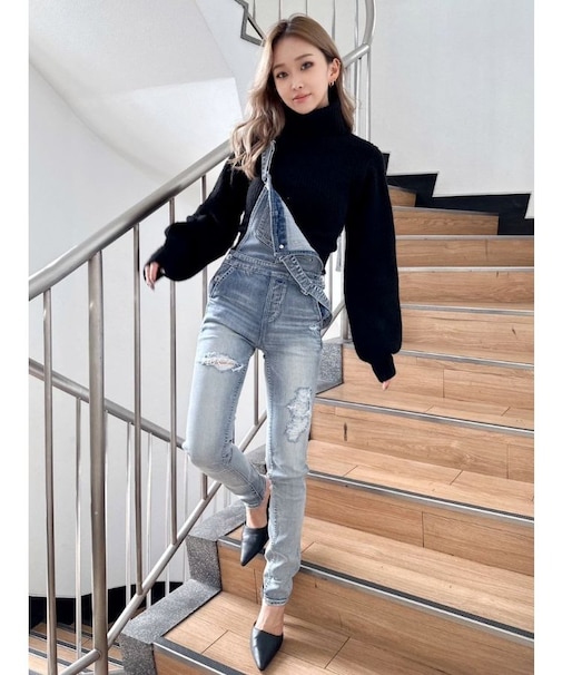 ダメージデニムスキニーサロペット