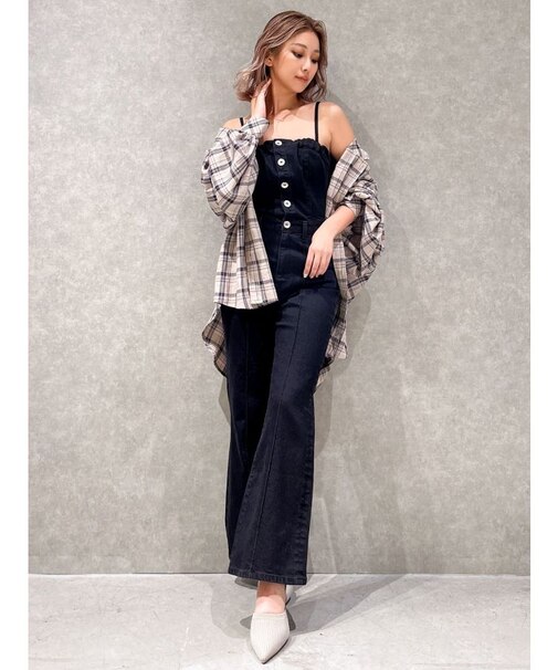 BACKリボンデニムロンパース