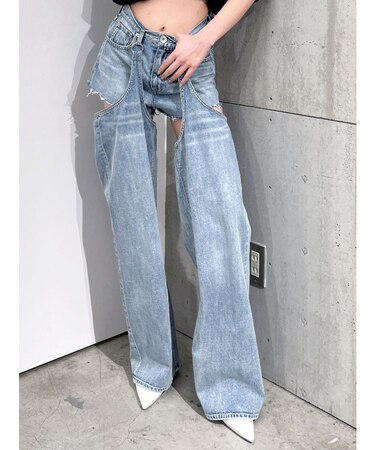 ハイウエストレイヤードデザイン2WAYデニムパンツ