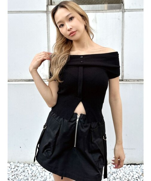 HEMスリットオフショルニットトップス