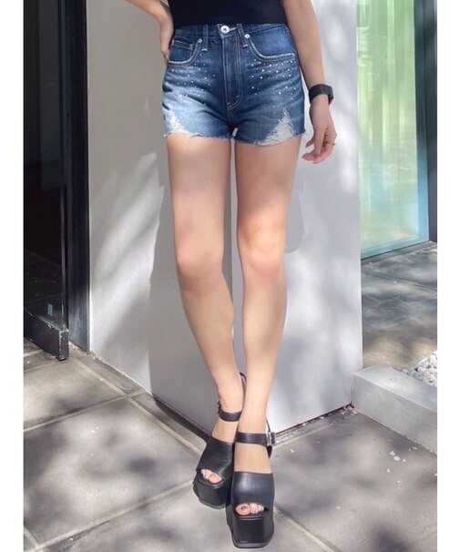 ハイウエストcross point bijouデニムショートパンツ