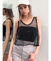 メッシュラインストーントップス