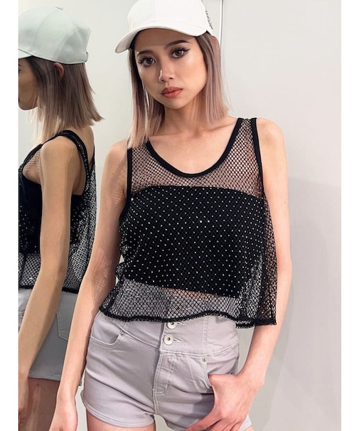 メッシュラインストーントップス