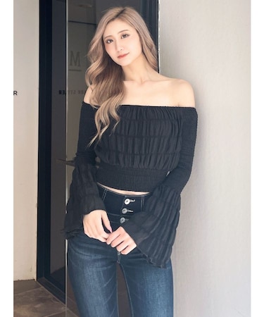 オフショルシャーリングスリーブブラウス