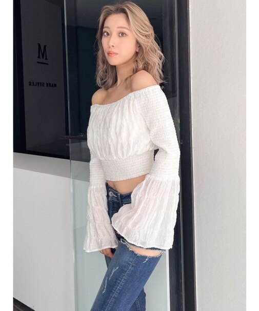 オフショルシャーリングスリーブブラウス