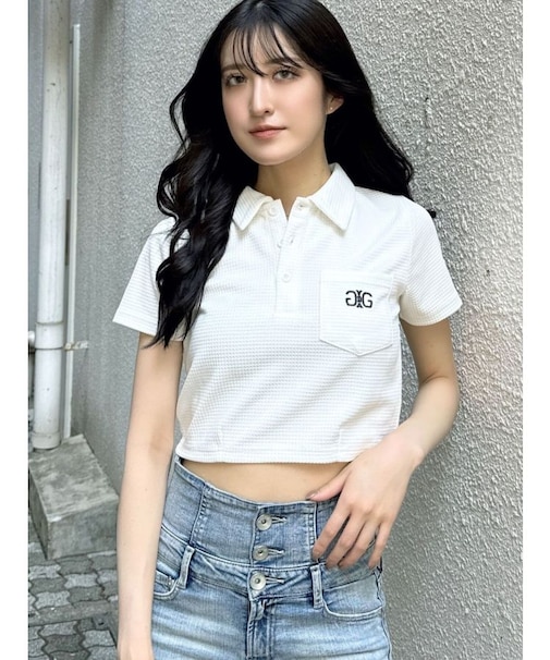 Symmetry GYDA ラメembroideryポロトップス