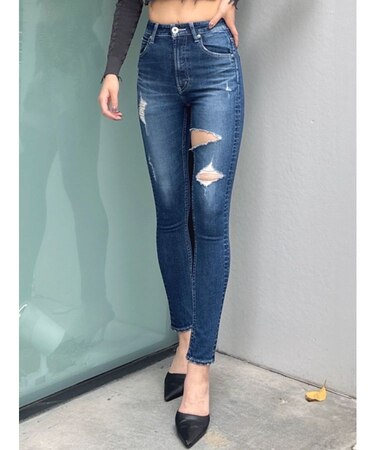ハイウエストthigh highダメージデニムパンツ