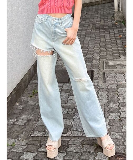 SIDE RIPPEDストレートワイドデニムパンツ