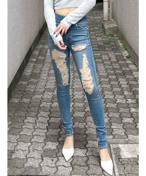 ハイウエストレースアップbold rippedスキニーデニムパンツ