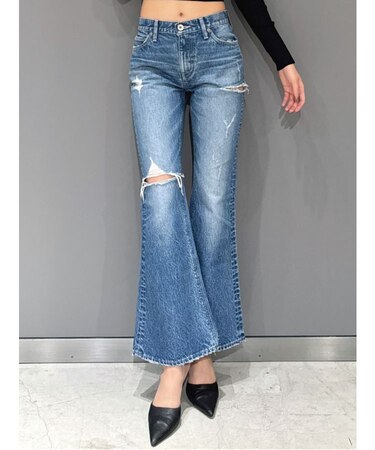 ミドルウエストSIDE RIPPEDフレアデニムパンツ