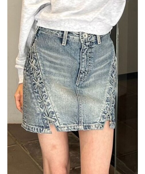 ハイウエスSIDEサイドレースアップデニムスカートライクショートパンツ