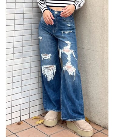 ハイウエストダメージレースPatchストレートワイドデニムパンツ