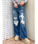 ハイウエストダメージレースPatchストレートワイドデニムパンツ