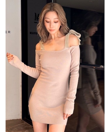 shoulderリボンタイトリブニットワンピース