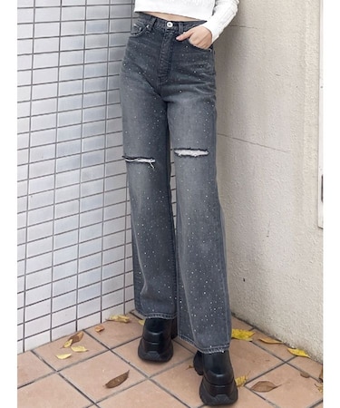 ハイウエストKNEEダメージbijouワイドデニムパンツ