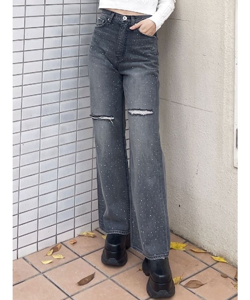 ハイウエストKNEEダメージbijouワイドデニムパンツ