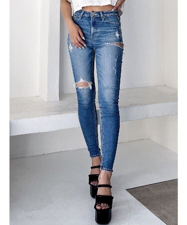 ミドルウエストSIDE RIPPEDスキニーデニムパンツ