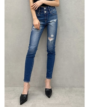 Wウエストダメージスキニーデニムパンツ