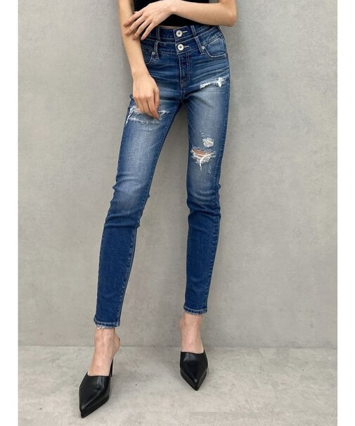 Wウエストダメージスキニーデニムパンツ