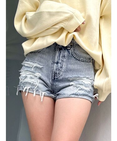 ジャストウエストダメージデニムショートパンツ