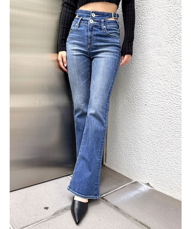 ハイウエストSIDE BELT CUTデザインフレアデニムパンツ