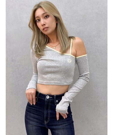 GD BICOLORワンショルダーデザインショートトップス