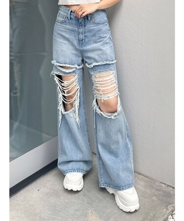 ハイウエストThighs cutデザインダメージワイドデニムパンツ