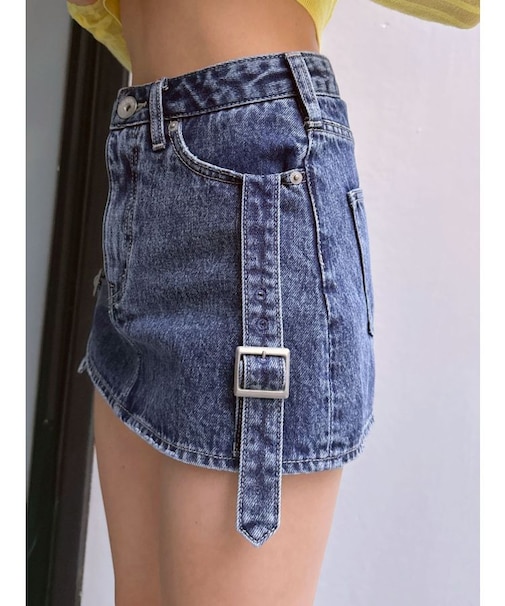 ハイウエストBELTデザインデニムスカートライクショートパンツ