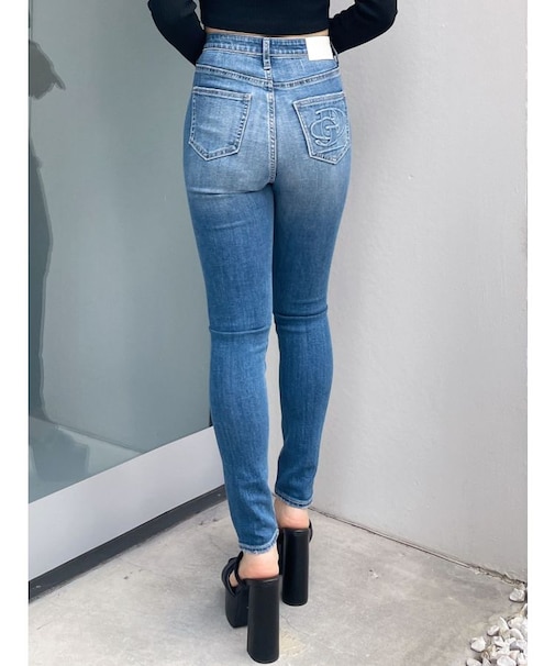 ハイウエストGD embossダメージスキニーデニムパンツ