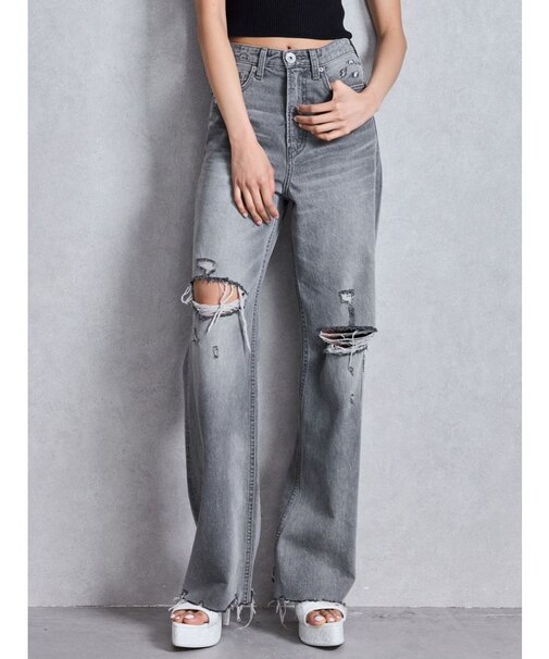 superハイウエストDAMAGEストレートデニムパンツ