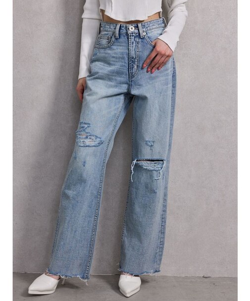 superハイウエストDAMAGEストレートデニムパンツ