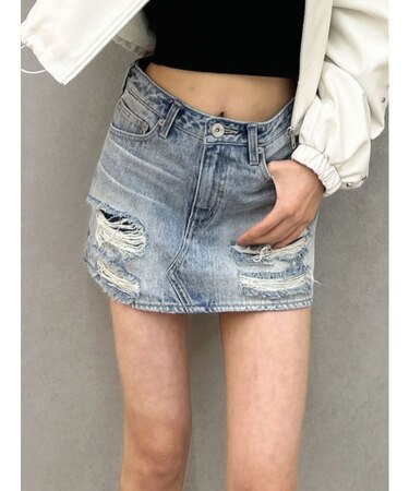 ハイウエストGD embossダメージスカートライクデニムショートパンツ