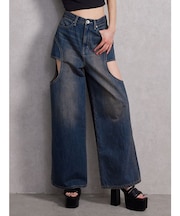 ハイウエストサイドオープンデニムワイドパンツ