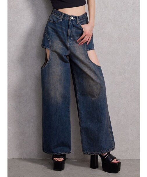 ハイウエストサイドオープンデニムワイドパンツ