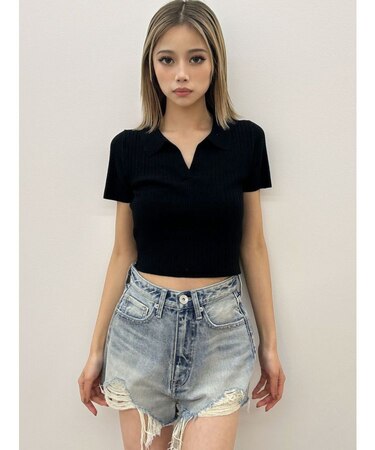 BACK OPENハーフスリーブPOLOニットトップス