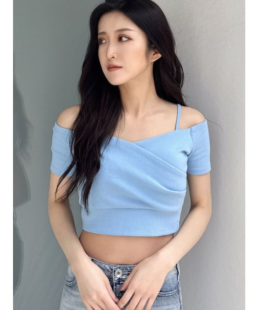 ハーフスリーブカシュクールオフショルショートトップス