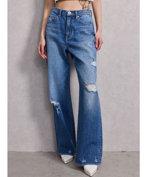 ハイウエスト GG Stitch Barrel Leg ダメージデニムパンツ